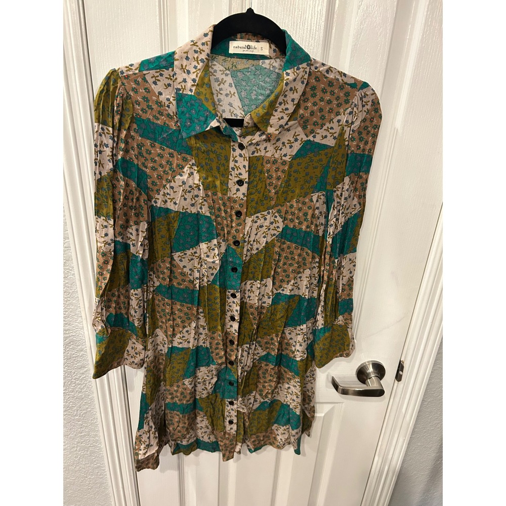 Natural Life Tunic Dress Green Patchwork Floral Button Front Boho Rayon Mini S
